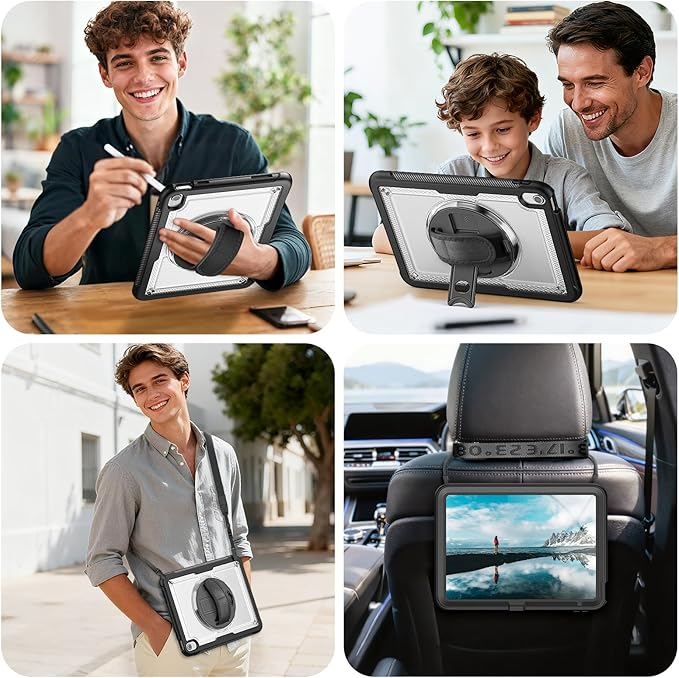 Clear Case for iPad (A16) 11th/10th Generation 11''/10.9'' 2025/2022: Shockproof Protective Case with Hand/Shoulder Strap Pencil Holder Rotate Stand Screen Protector