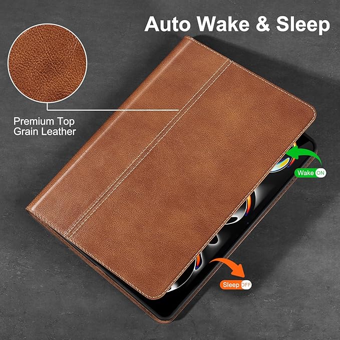 Gexmil Genuine Leather Case for iPad Pro 11 Inch (M5/M4) 2025/2024 with Adjustable StandProtective Shockproof Premium Leather Smart Folio Cover Auto Sleep/Wake Anti-SlipVegetable Tanned Brown