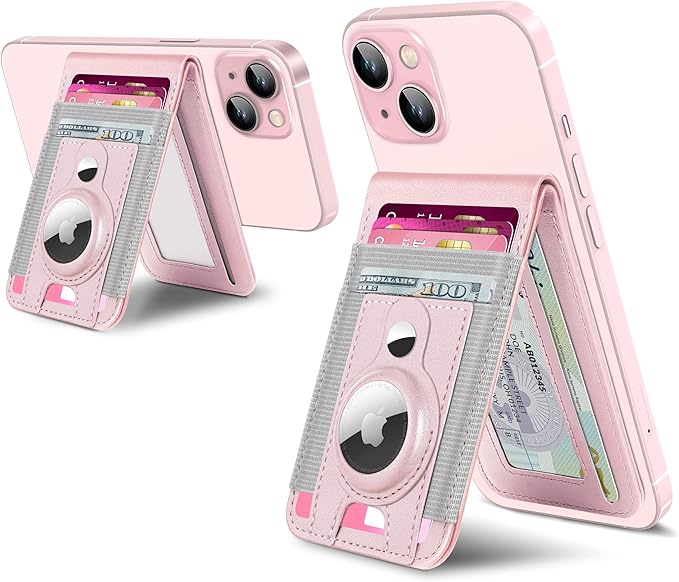For Magsafe Wallet with Airtag Holder Strong Magnetic Wallet for iPhone 17/16/15/14/13/12 Series for iPhone Walletwith Adjustable Stand ID Window 4 Card Slots 10 Cards Holder Vegan Leather Pink