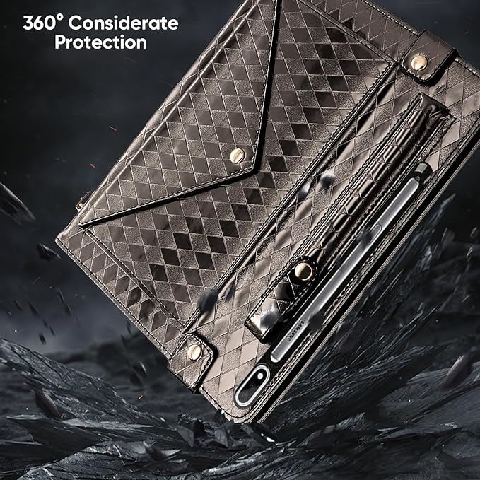 Tablet Carrying Shoulder Bag Case for Samsung Galaxy Tab S10 FE+ Plus 13.1 2025 SM-X620 X626 Iridescent Diamond Texture Envelope PU Leather Hand Strap Cards Holder Pocket S Pen Holder CaseBlack