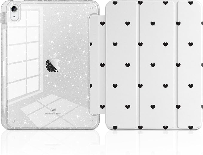MEEgoodo Case for iPad A16 11th Generation 2025/10th Generation 2022 Glitter Tablet Cases with Transparent Acrylic Back+Trifold Stand +Pencil Holder+Auto Wake/SleepBlack Hearts