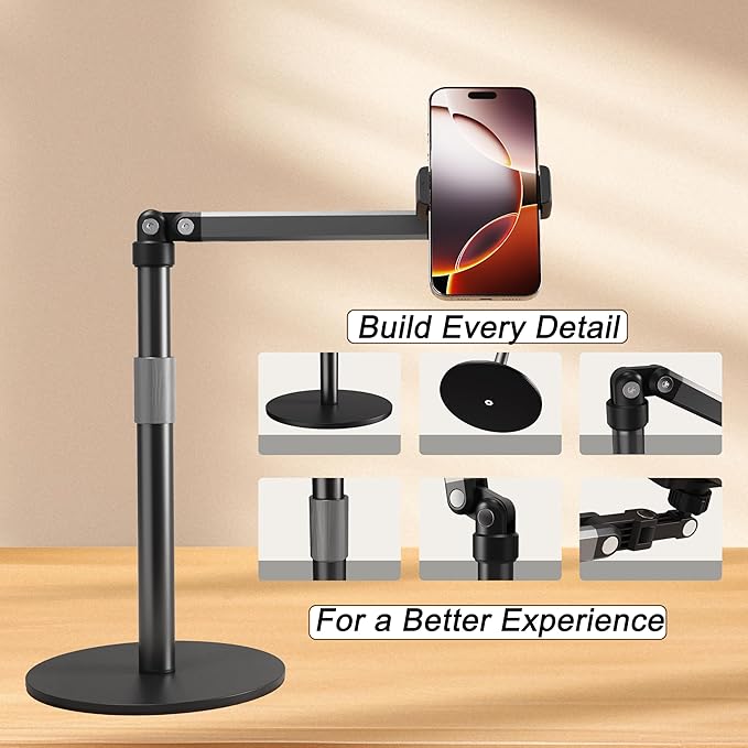 Phone Stand for Recording Overhead Desktop Phone Holder Mount with Flexible Extension Arm Adjustable Height for Video Painting Meeting Fliming