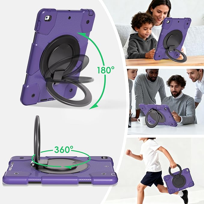Case for iPad 9th/8th/7th Generation 10.2 inch Shockproof Cover with Screen Protector/360° Rotate Stand/Pencil Holder/Shoulder Strap Kids Case for iPad 2021/2020/2019 (Deep Purple+Black)