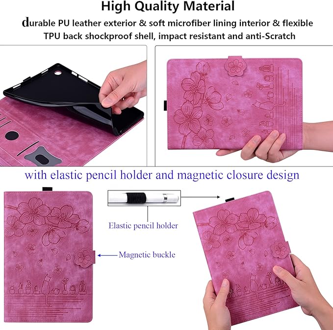 for Amazon Kindle Fire HD 8 &amp Fire HD 8 Plus Case 12th/10th Generation (2024/2022/2020) 8 UUcovers Embossed PU Leather Folio Magneic Cover with Stand/Pencil Holder Cherry Blossom Rose Cat