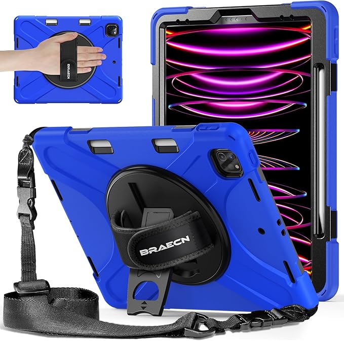 BRAECNstock Case for Apple iPad Air 13 inch (M4/M3/M2)/ iPad Pro 12.9 inch 6th/5th/4th/3rd Gen Shockproof Protective Kids Case with Pencil Holder 360° Rotating Stand&ampHand Strap Shoulder Strap