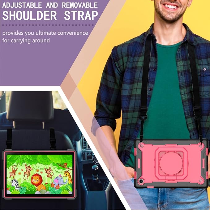 Dteck for Samsung Galaxy Tab A8 (SM-X200) Tablet Case 10.5 2022 Release Shockproof Rugged Hard Case for Kids with Rotate Handle and Kickstand Protective Cute Cover with Shoulder Strap Rose/Black