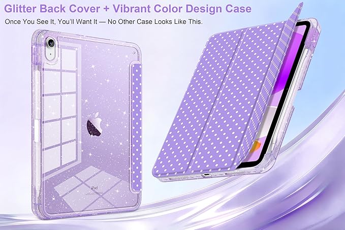 MEEgoodo Case for iPad A16 11th Generation 2025/10th Generation 2022 Glitter Tablet Cases with Transparent Acrylic Back+Trifold Stand +Pencil Holder+Auto Wake/SleepPurple &amp Polka Dots