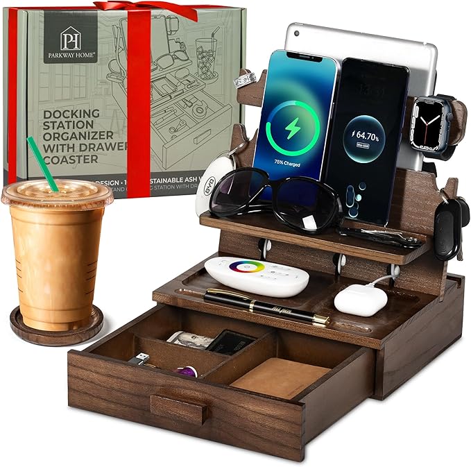 Wood Phone Docking Station for up to 3 Phones - Nightstand Organizer with Drawer for Valuables for Men &amp Women Compatible with Apple Watch Holds Phones Tablets Keys Rings Glasses Watches &a