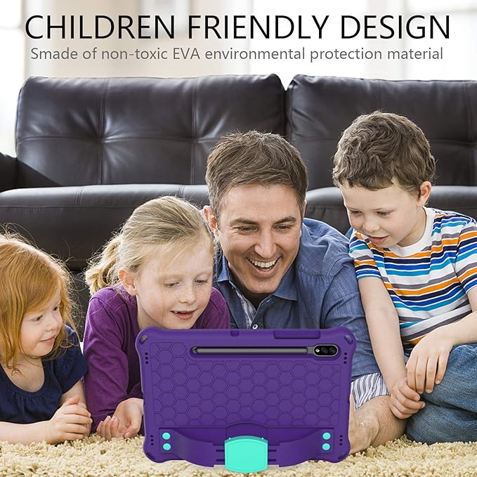Bumper Case for Samsung Galaxy Tab S9 FE/S9/S8/S7 11 Techcircle Shockproof [Elastic Hand Strap] Stand EVA Foam Protective Case w/Shoulder Strap Kids Cover for Tab S7/S8/S9 SM-T870/X700 Purple+Green