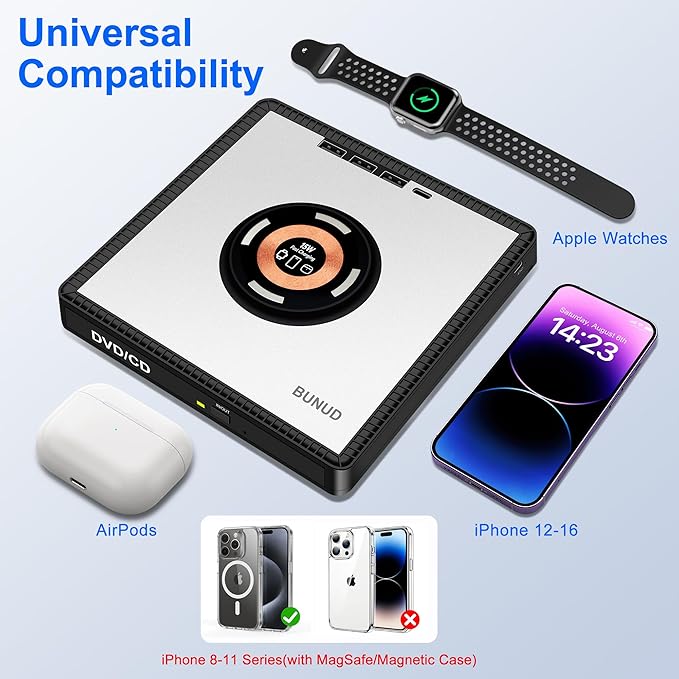 BUNUD External DVD Drive with Wireless-Charger: USB CD Burner &amp 15W Fast Charging for iPhone 17 16 15 14 13 12 Series - External DVD Player for Laptop Mac Apple Windows with SD/TF/3 USB Ports