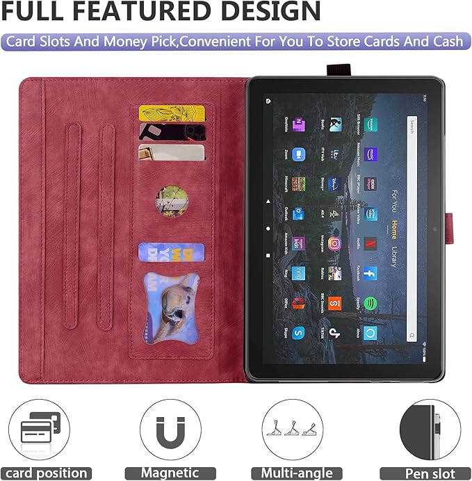 Dteck Case for All-New Amazon Kindle Fire HD 10 &amp 10 Plus Tablet (13th/11th Generation 2023/2021 Release) 10.1 Premium PU Leather Embossed Flower Folio Stand Case Cover with Pencil HolderWineR