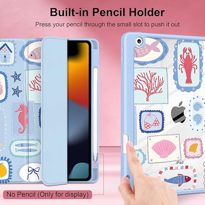 MEEgoodo Case for iPad 10.2 inchTablet Cases for iPad 9th Generation 2021/8th Gen 2020/7th Gen 2019 with Clear Acrylic Back Shell+Pencil Holder+Auto Wake/Sleep+Trifold Stand Marine Stamps Pattern