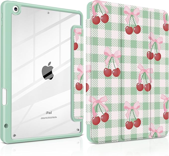 DONGKE for iPad 9th/8th/7th Generation Case 10.2 Inch (2021/2020/2019) [Auto Sleep/Wake &amp Pencil Holder] Clear Acrylic Back Trifold Stand Cover Green Cherry