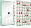 DONGKE for iPad 9th/8th/7th Generation Case 10.2 Inch (2021/2020/2019) [Auto Sleep/Wake &amp Pencil Holder] Clear Acrylic Back Trifold Stand Cover Green Cherry