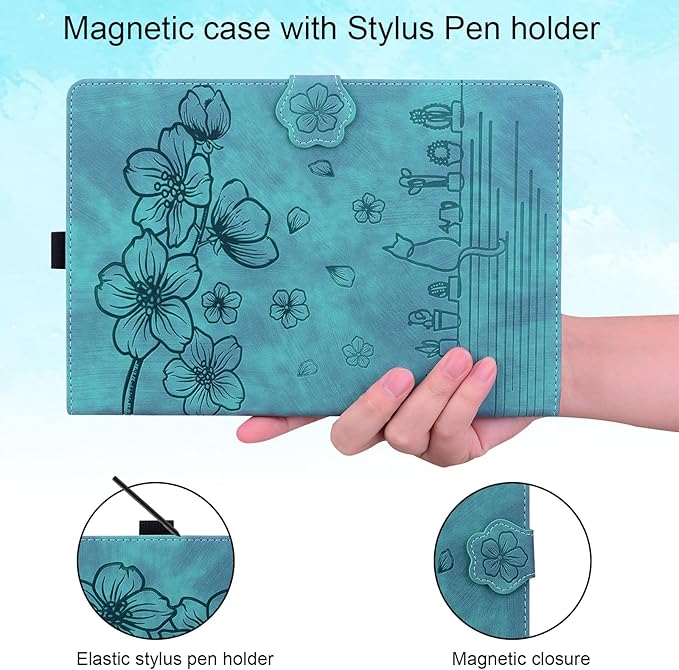 Case for Samsung Galaxy Tab S10 FE+/S10 FE Plus 13.1 Inch 2025 (SM-X620/SM-X626B) with Pencil Holder/Pockets Folio Stand Embossed Cherry Blossom PU Leather Magnetic Wallet Cover Green Cat