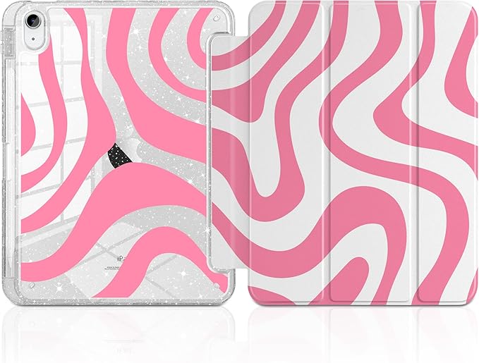 MEEgoodo Case for iPad A16 11th Generation 2025/10th Generation 2022 Glitter Tablet Cases with Transparent Acrylic Back+Trifold Stand +Pencil Holder+Auto Wake/SleepPink Wave Pattern