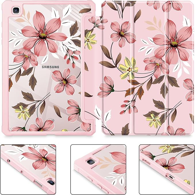 Mektron Case for Samsung Galaxy Tab S6 Lite 10.4 Inch 2024/2022/2020 with S Pen Holder Multi-Angle Viewing with Shockproof Cover Clear Shell + Trifold Stand + Auto Wake/Sleep Floral C293