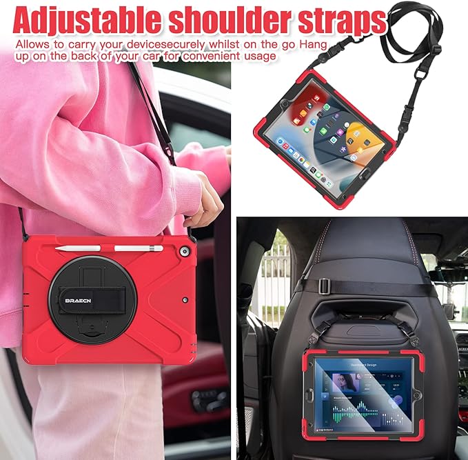 BRAECNstock for Apple iPad 9th/ 8th/ 7th Generation Case 10.2 2021/2020/2019 Shockproof Protective Case with Screen Protecter Pencil Holder 360° Rotating Stand+Hand Strap Shoulder Strap Red
