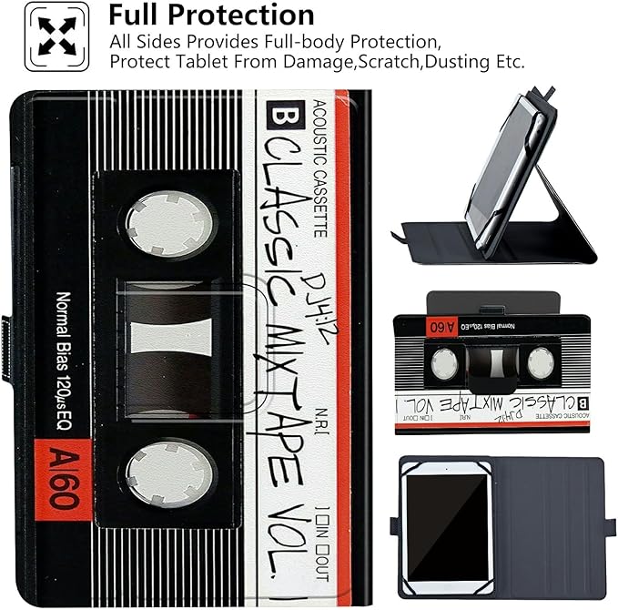 6 7 Inch Tablet CaseUniversal Case for 6-7 Inch Tablet eReader7 Kindle Series e-Reader Tablet Stand Folio Shell Cover with 360 Degree Rotatable Kickstand Multiple ViewingRetro Audio Cassette