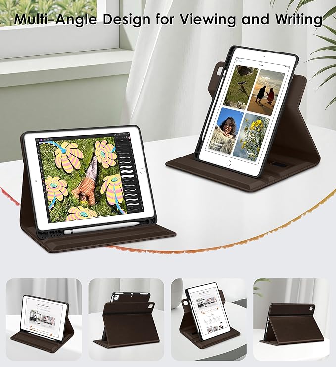 DTTO for iPad 6th / 5th Generation 9.7 Inch (2018/2017) iPad Air 2 / Air 1 Case 360 Degree Rotating Premium Leather Folio Stand Cover with Pencil Holder Dark Brown