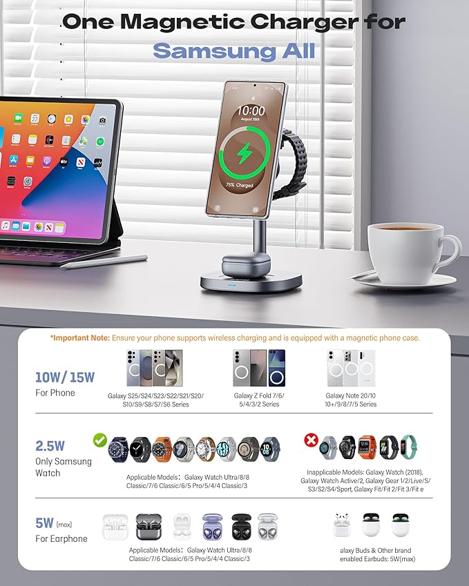 Magnetic Wireless Charger for Samsung Fast Qi2 Certified 15W 3 in 1 Charging Station TEC Cooling Compatible with Magsafe for Galaxy S26 Ultra/S25/Z Fold 7/Flip7 Samsung Watch Ultra/8/7Galaxy Buds