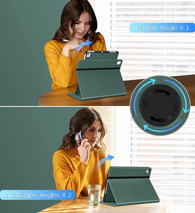 DTTO Rotating Case for iPad 6th / 5th Generation 9.7 Inch 2018/2017 iPad Air 2 / Air 1 Case 360 Degree Swiveling Premium Leather Folio Stand Cover with Pencil Holder-Auto Wake/Sleep Midnight Green