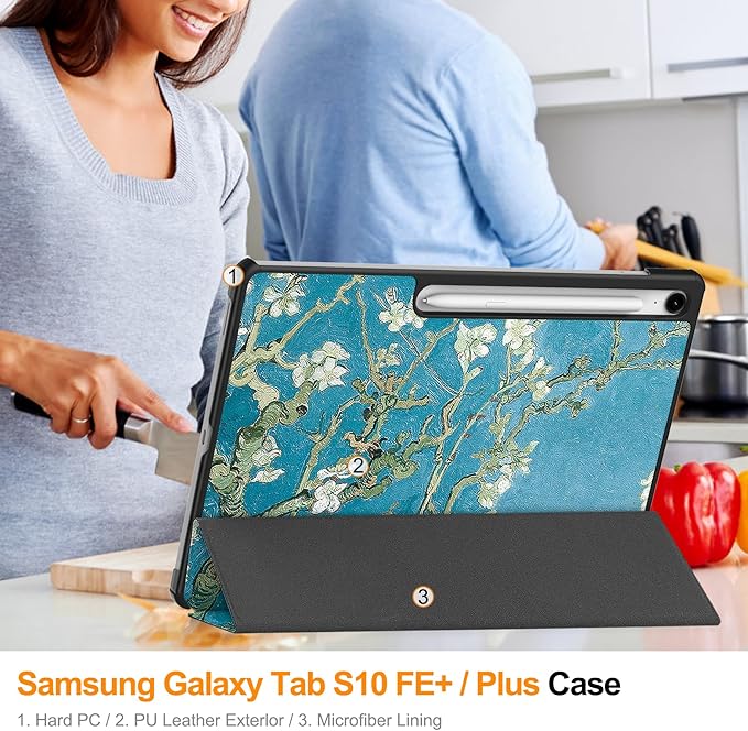 Case for Samsung Galaxy Tab S10 FE+ Plus 13.1 inch 2025 (Model: SM-X620/SM-X626B)Tri-Fold Stand Smart PU Leather Hard Back Shockproof Cover with Auto Wake/Sleep Almond Blossom Flower