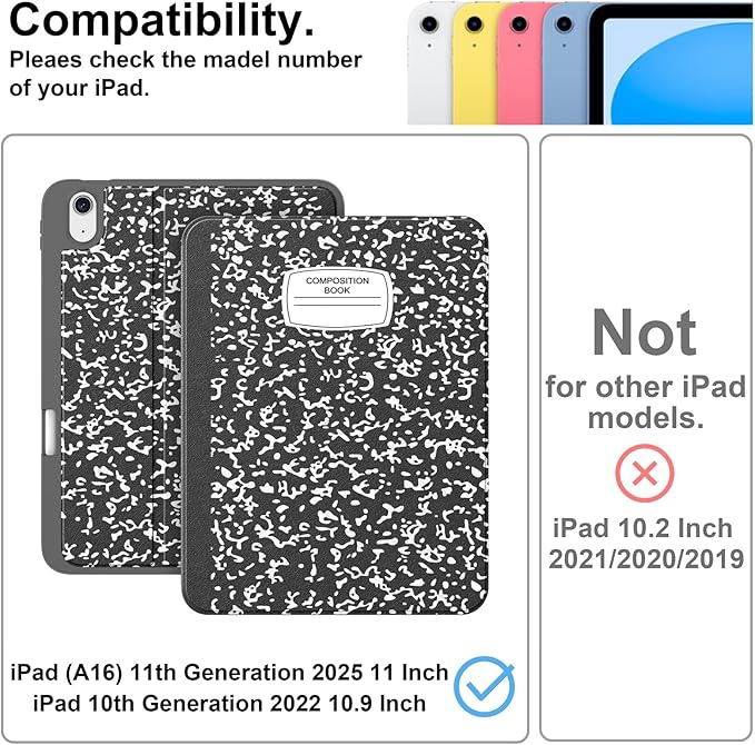 Supveco Case for iPad (A16) 11th Generation 11 inch (2025)iPad 10th Generation 10.9 inch (2022) with Pencil Holder-[Auto Wake/Sleep]Premium Folio Stand Case with Soft TPU Back Cover-New Book
