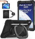 BATYUE iPad Air 3rd Generation Case 2019 / iPad Pro 10.5 inch Case 2017 Rugged Heavy Duty Protective Cover with Pencil Holder 360° Swivel Stand Shoulder Strap for Kids (Black)