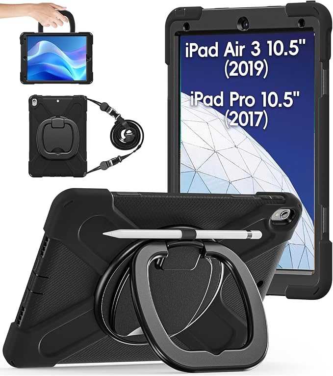 BATYUE iPad Air 3rd Generation Case 2019 / iPad Pro 10.5 inch Case 2017 Rugged Heavy Duty Protective Cover with Pencil Holder 360° Swivel Stand Shoulder Strap for Kids (Black)