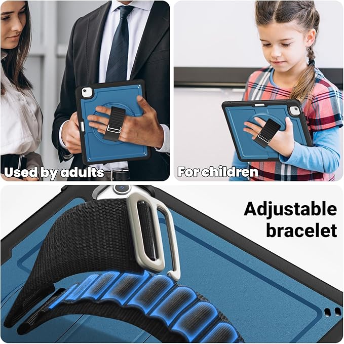 Batianda Case for iPad Air 13-inch 2025 M3 2024 M2 Chip Multilayered Rugged Durable Shockproof Tablet Cover with 360° Rotating Hand Strap Foldable Hidden Stand Navy Blue