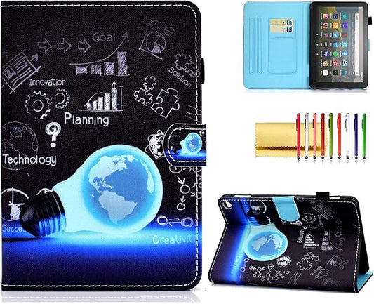 Case for Amazon Fire HD 8 Tablet 12th/10th Generation (2024/2022/2020) Techcircle Stand Folio PU Leather Magnetic Cover with Card Slots &amp Pen Holder Auto Sleep/Wake Bulb Science Lab