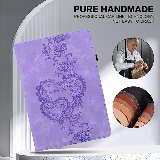 Case for Lenovo Idea Tab Pro 12.7 Inch 2025 Embossed Heart PU Leather Protective Tablet Case with Elastic Band &amp Card Slots/Holder Multi-Angle Viewing Stand Cover Purple