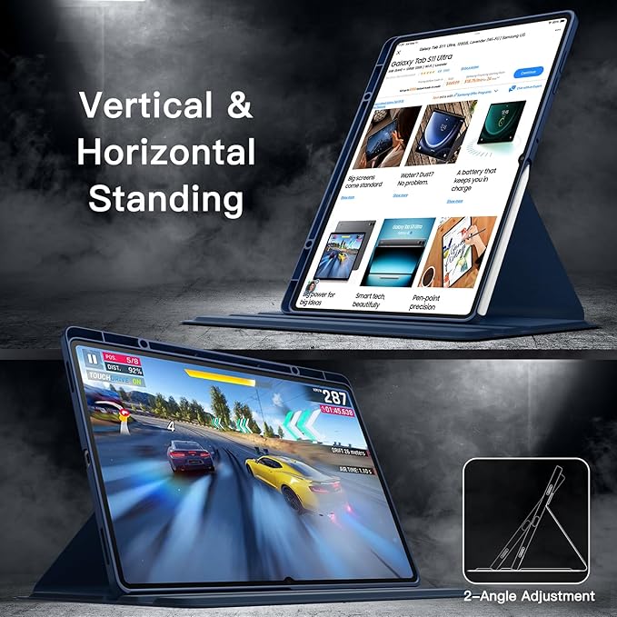 JETech Rotating Case for Samsung Galaxy Tab S11 Ultra with S Pen Holder 360 Degree Rotation Protective Stand Cover Clear Back Auto Wake/Sleep (Navy)