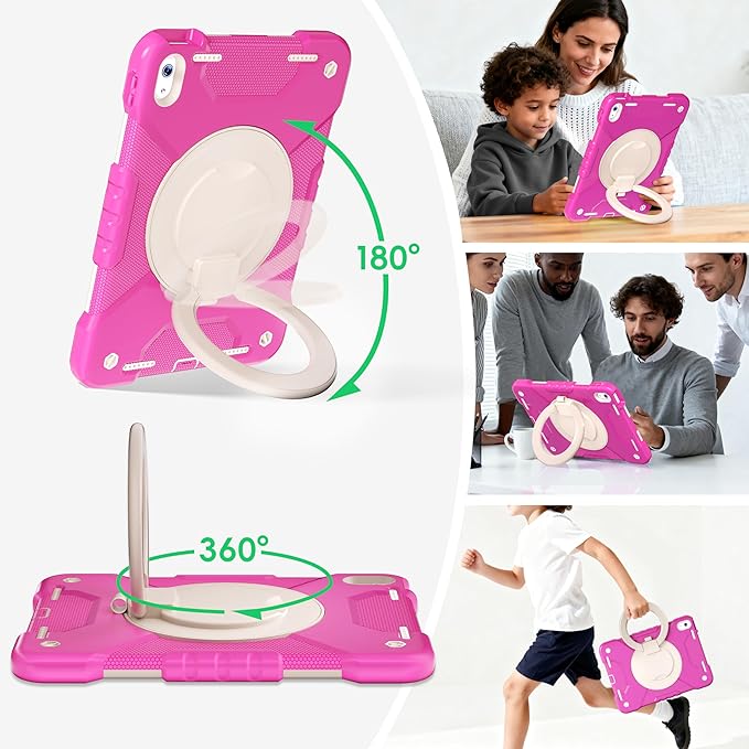 Case for iPad (A16) 11th Generation 11 inch 2025/10th Generation 10.9 inch 2022 Shockproof Cover with Screen Protector/360° Rotate Handle/Bracket/Pen Holder/Shoulder Strap (Rose Red+White)