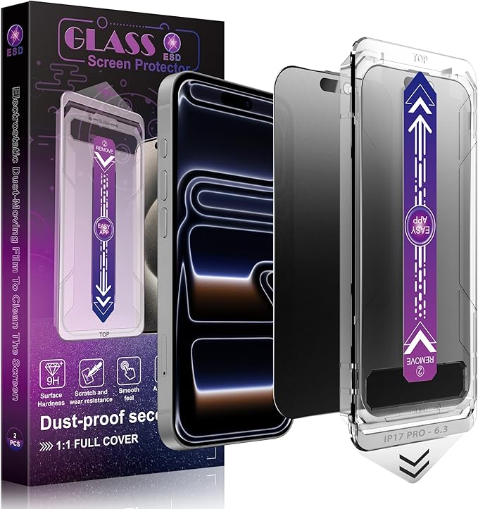 Matte Privacy Screen Protector for iPhone 17 Pro 6.3-Inch Auto Dust Removal 9H Anti-Spy Tempered Glass Film Full Cover Anti-Fingerprint Easy Installation 2 Pack