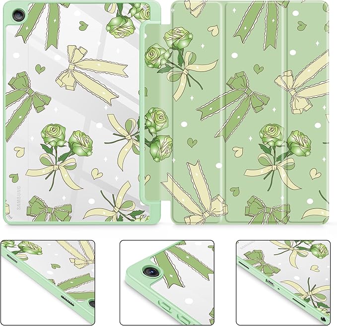 Tuiklol for Samsung Galaxy Tab A9+ Tablet 11” / A9+ Plus 2024 2023Buit-in S-Pen Holder with Clear Protective Cover Transparent Back Shell Auto Wake/Sleep Samsung Tab A9 Plus CoverBow &amp Rose Gree