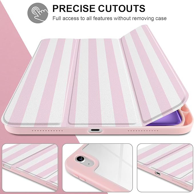 Case for iPad (A16) 11th Generation 11 inch 2025 /iPad 10th Gen 10.9 2022 - Cute Pink White Striped Trifold Cover with Clear Back Auto Sleep/WakeAesthetic Soft Protective Skin for Girls Women