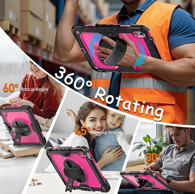 Weuiean Case for iPad A16 11th/10th Generation 11/10.9 Military-Grade Heavy-Duty Shockproof Cover with 360° Rotating Stand Built-in Pencil Holder &amp Adjustable Hand/Shoulder Strap - Pink+Black
