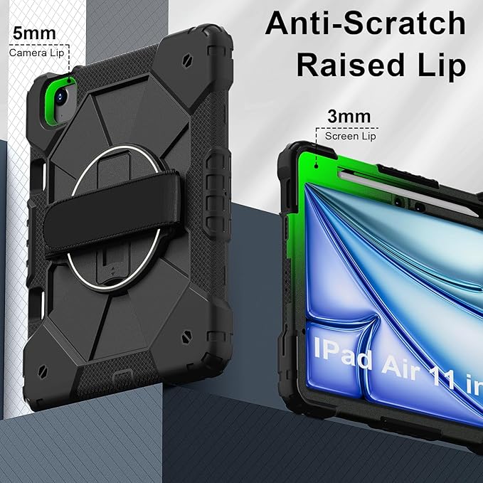 Case for iPad Air 11 Inch (M2) 2024 6th Generation Shockproof Protective With 360 Rotate Kickstand Hand Strap Shoulder Strap Black