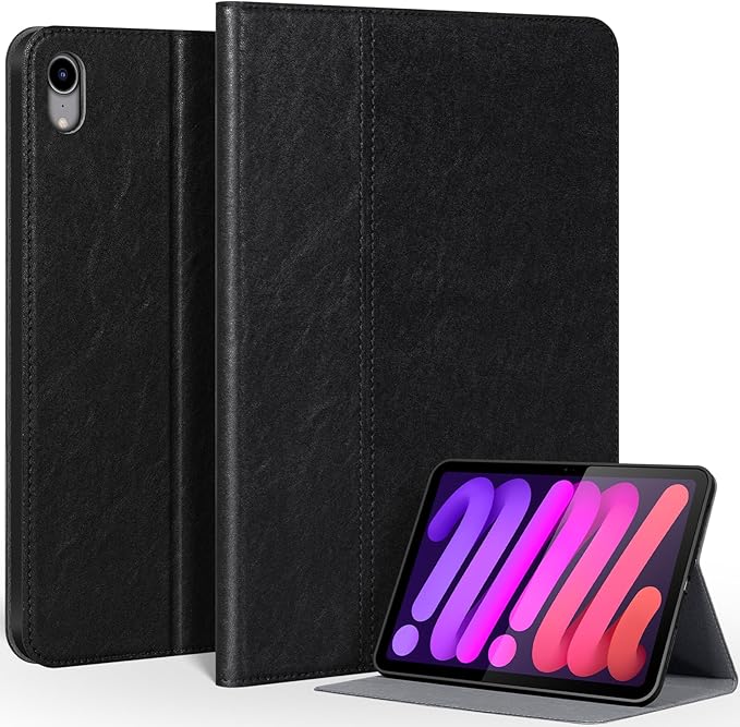 Genuine Leather Case for iPad mini 7/Mini 6 Generation(8.3 Inch 2021/2024)Vegetable Tanned Leather Smart Folio Cover for with Auto Wake/SleepAdjustable StandAnti Slip/FingerprintBlack