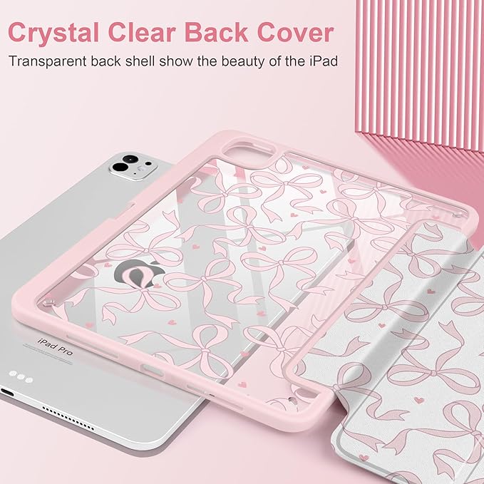 TWOLSKOO Case for iPad Pro 11-inch (M5 2025 / M4 2024) Clear Acrylic Back with TPU Bumper Pencil Holder Trifold Stand Auto Sleep/Wake Pink Bows
