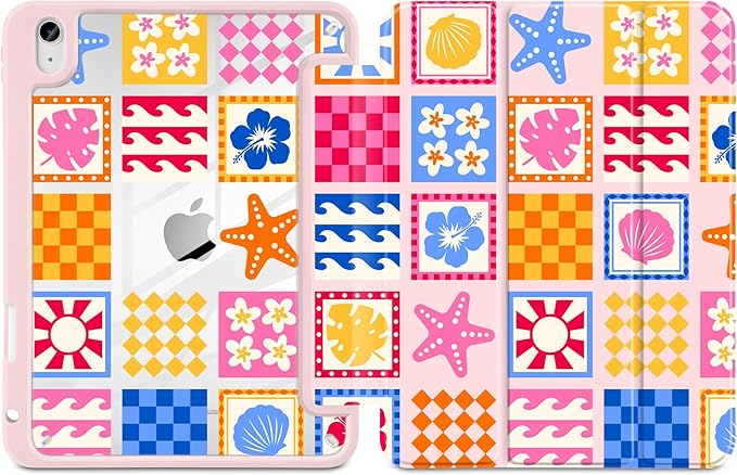 Case for iPad A16 11th Generation 11 inch 2025 iPad 10th Generation 10.9 inch 2022 -[Built-in Pencil Holder] Shockproof Clear Hard Back Trifold Stand Auto Wake/Sleep Beach Fun