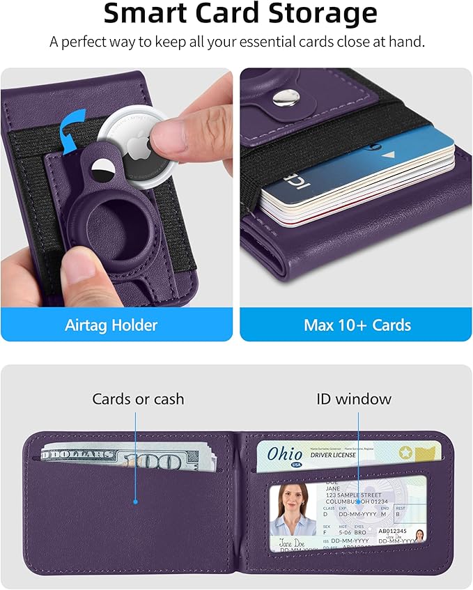 for Magsafe Wallet Stand with Airtag Holder Strongest Magnetic Wallet for iPhone 17/16/15/14/13/12 Series ID Window 4 Card Slots 10 Cards Holder Vegan Leather RFID Blocking Purple