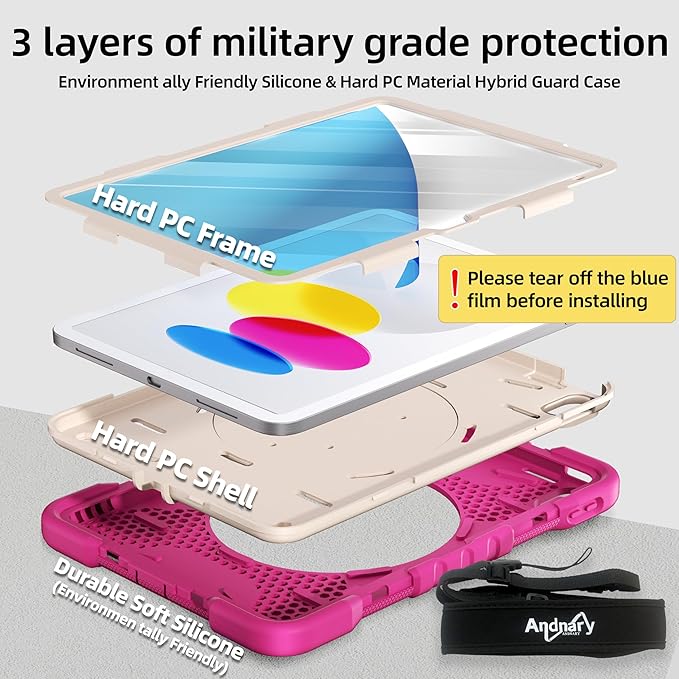 Case for iPad (A16) 11th Generation 11 inch 2025/10th Generation 10.9 inch 2022 Shockproof Cover with Screen Protector/360° Rotate Handle/Bracket/Pen Holder/Shoulder Strap (Rose Red+White)