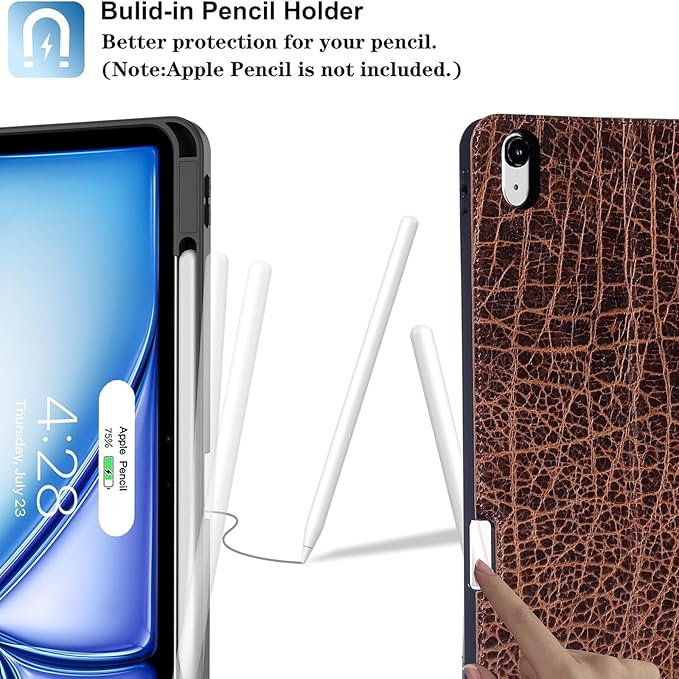 Gexmil Genuine Leather Case for iPad Pro 11 Inch (M5/M4) 2025/2024 with Pencil HolderProtective Shockproof Leather Smart Folio Cover Adjustable Stand Auto Sleep/Wake Anti-SlipBuffalo Pattern