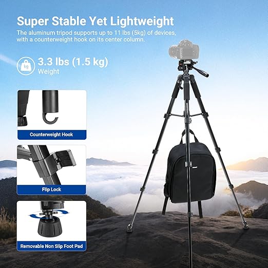 NEEWER Basics Camera Tripod 74 Tripod with Cell Phone Holder Mount Compatible with iPhone for Video Recording Professional Aluminum Lightweight Portable Travel Stand with 3 Way Pan Tilt Head TP56