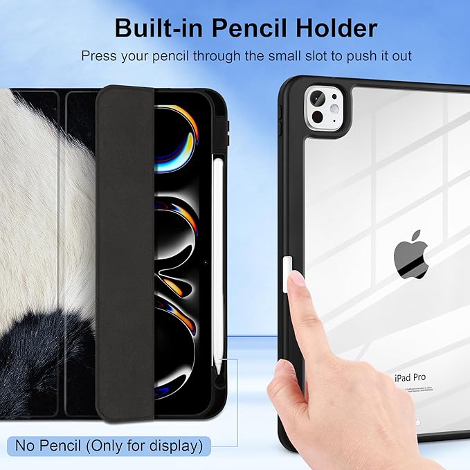 TWOLSKOO Case for iPad Pro 11-inch (M5 2025 / M4 2024) Clear Acrylic Back with TPU Bumper Pencil Holder Trifold Stand Auto Sleep/Wake Cow Print