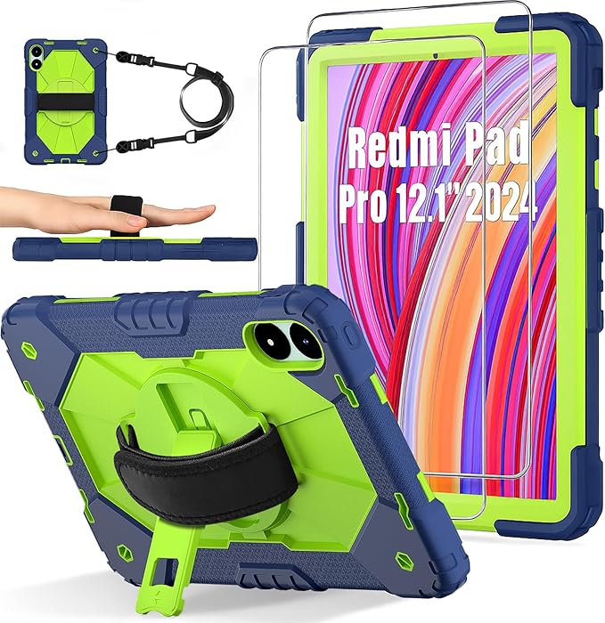 for Xiaomi Redmi Pad Pro 12.1/Xiaomi Poco Pad 12.1 Case with 2PCS Screen Protector Kickstand/Hand Strap/Rotating/Shoulder Strap (Navy Green/Blue+2PCS Glass)