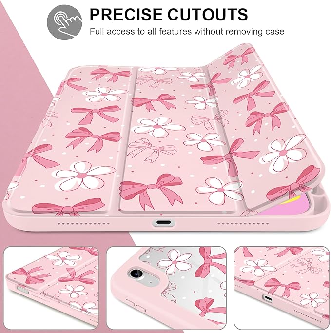 DONGKE Case for iPad (A16) 11th Generation 11 inch 2025 &amp iPad 10th Gen 10.9 inch 2022 [Built-in Pencil Holder] Clear Acrylic Back Trifold Stand Smart Cover Auto Sleep/Wake Bow &amp Daisy